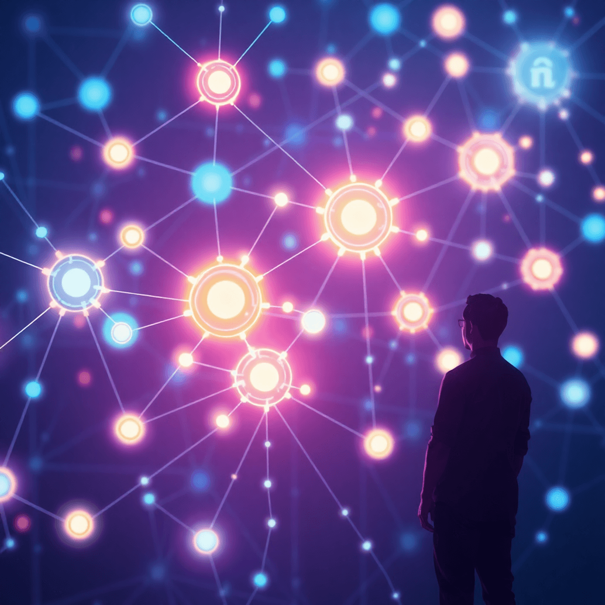 A digital abstract scene with glowing nodes and flowing data streams, a subtle human silhouette observing the network in cool blue and purple tones.