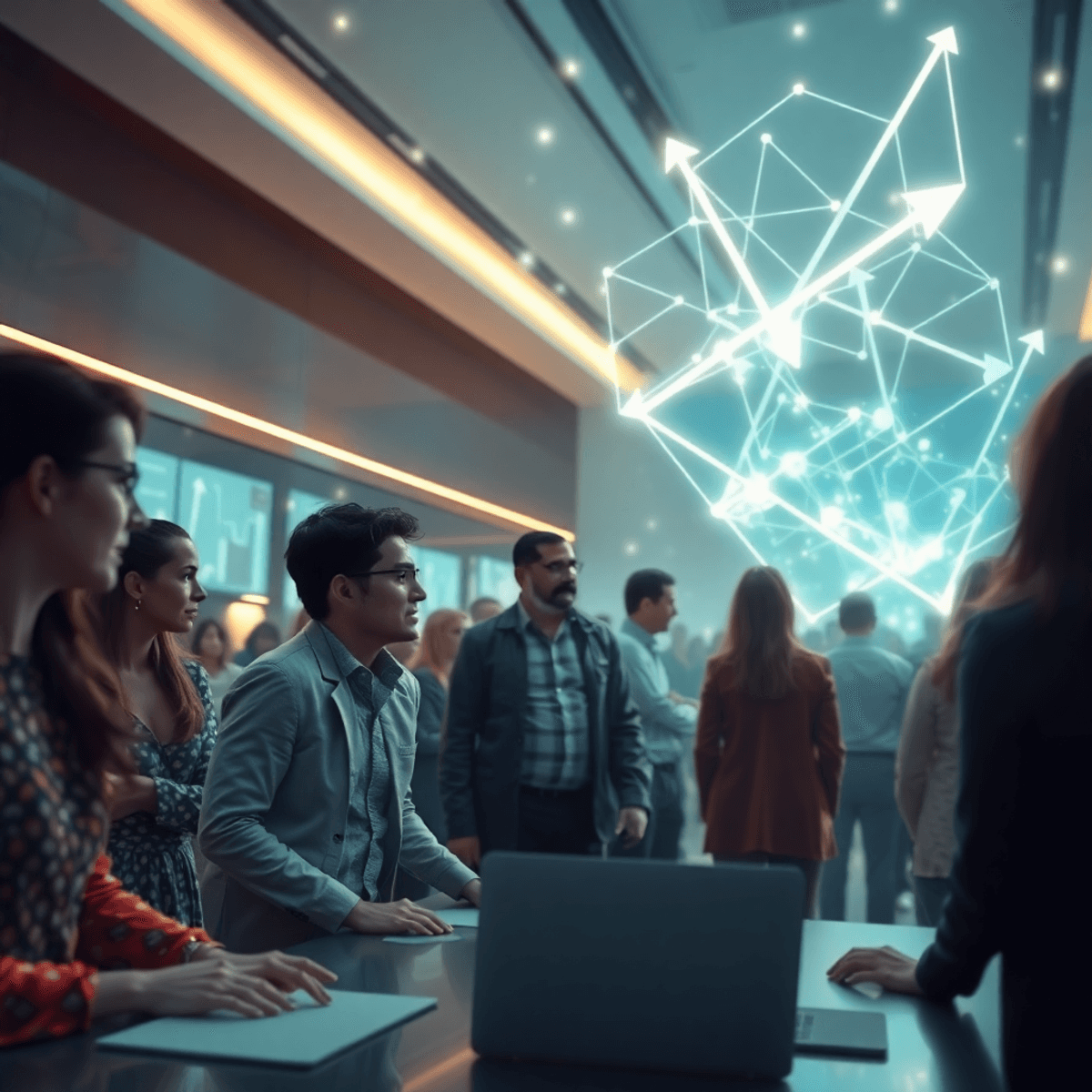 A diverse group working intensely in a glowing, abstract tech workspace with transparent shapes and intersecting arrows symbolizing data flow and d...