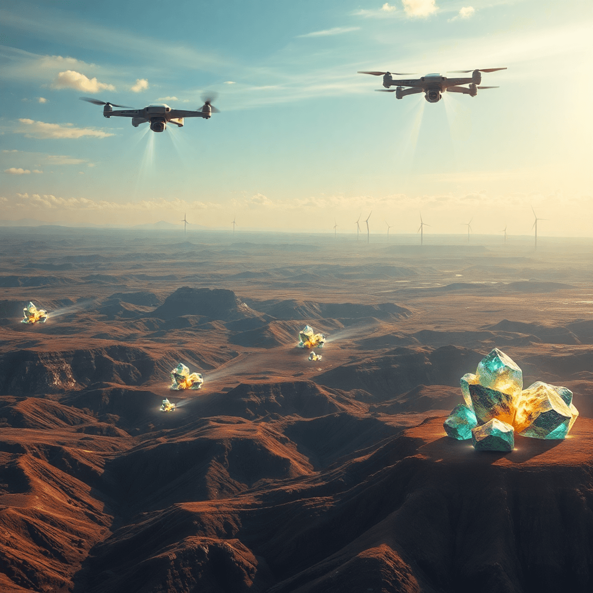 A futuristic landscape with drones and satellites scanning mineral-rich terrain, glowing crystals, wind turbines, and solar panels under a bright sky.