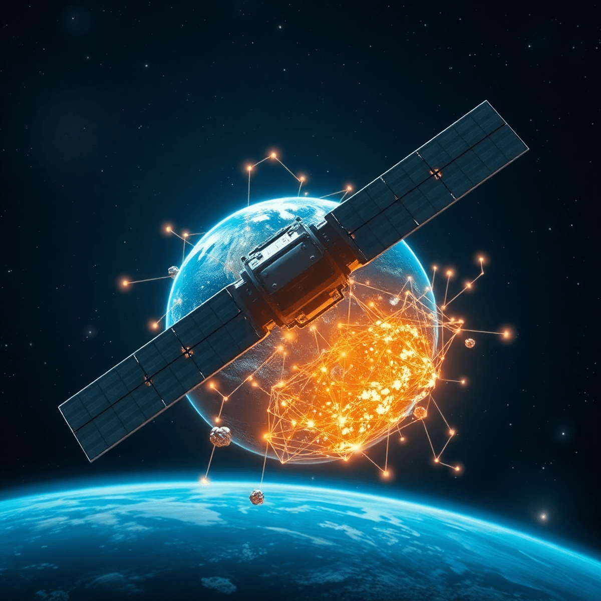 A futuristic satellite orbiting Earth surrounded by glowing interconnected minerals and metallic crystals against a starry deep space background.