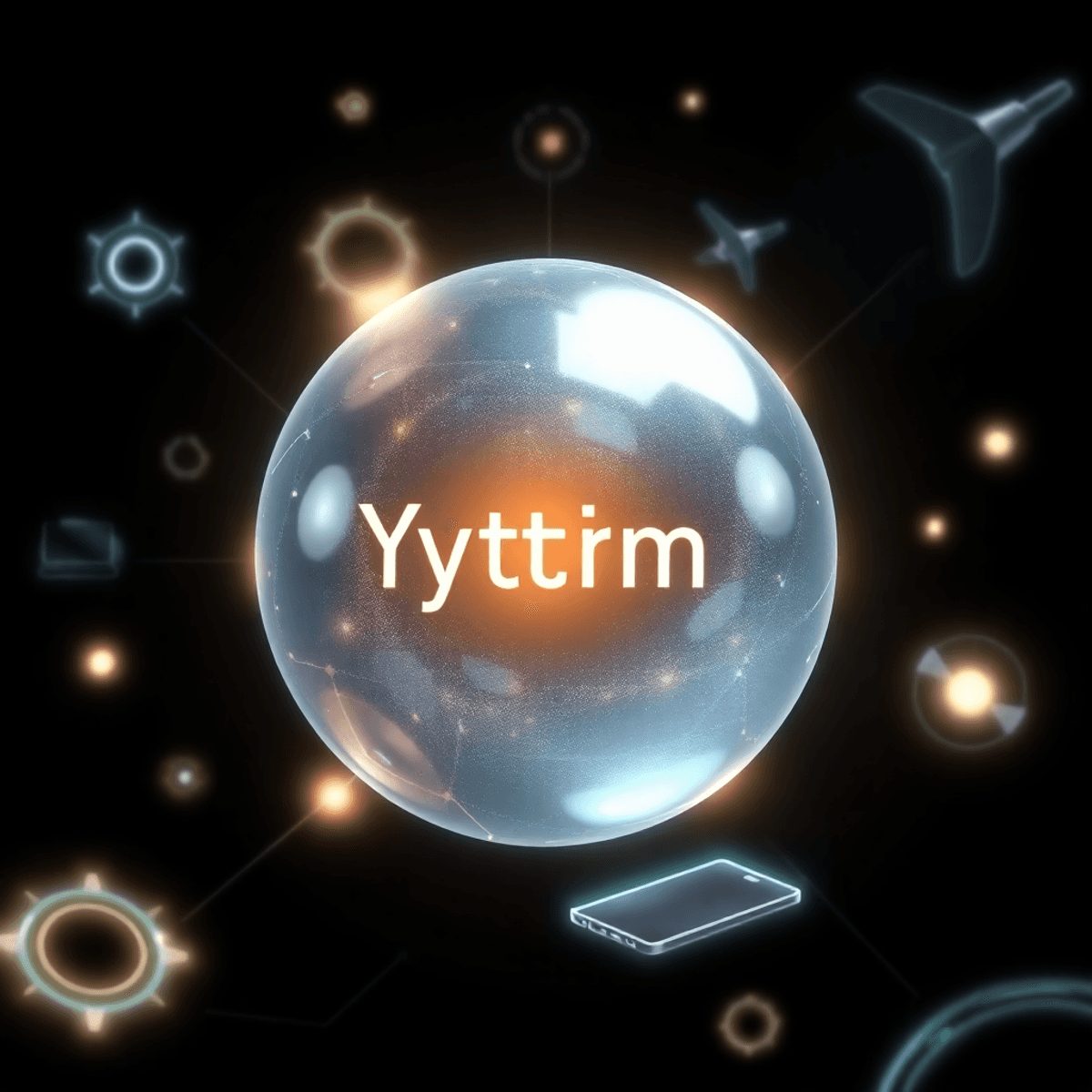 A glowing silvery metallic sphere with abstract LED lights, modern devices, and aerospace turbine shapes on a dark background with futuristic energ...