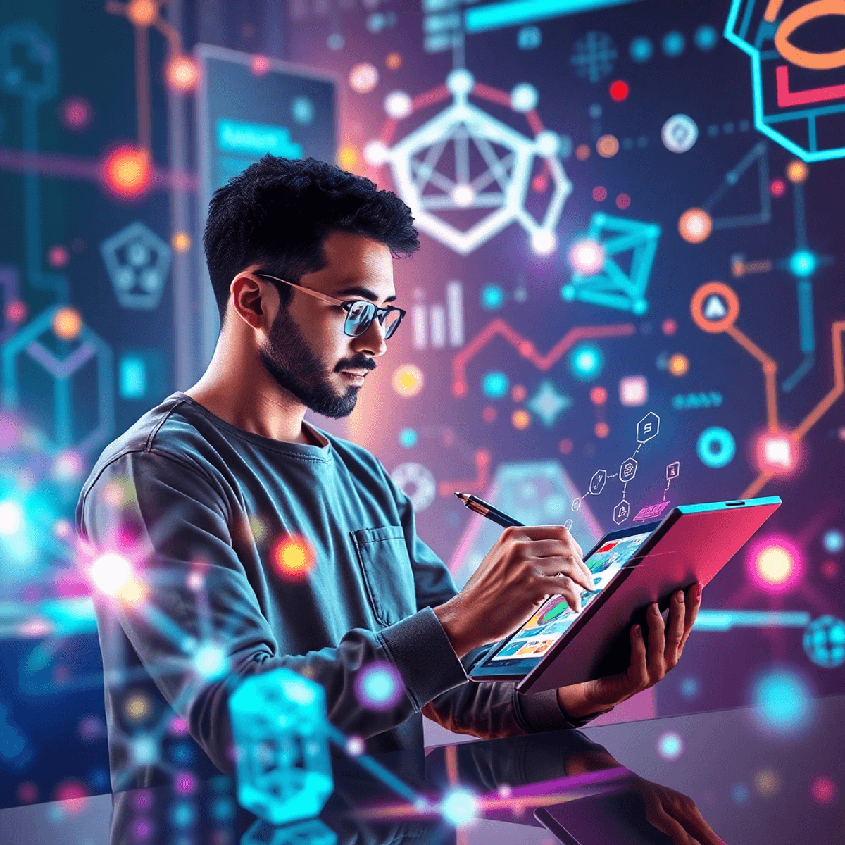 A graphic designer sketching colorful ideas on a tablet amidst glowing holographic design elements and flowing digital patterns symbolizing AI inno...