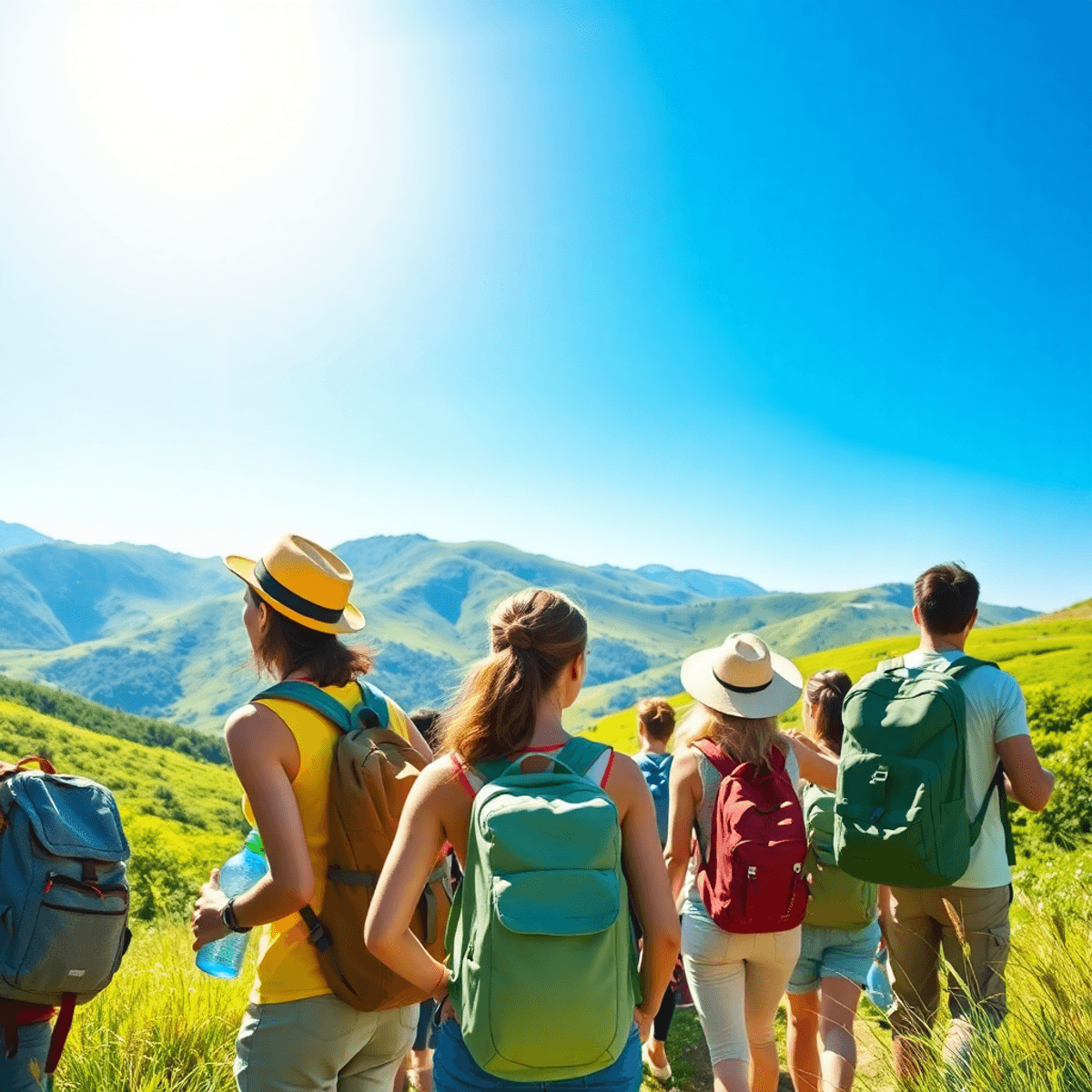 A group of travelers with eco-friendly gear exploring a sunlit forest with green hills and clear blue skies, highlighting mindful connection with n...