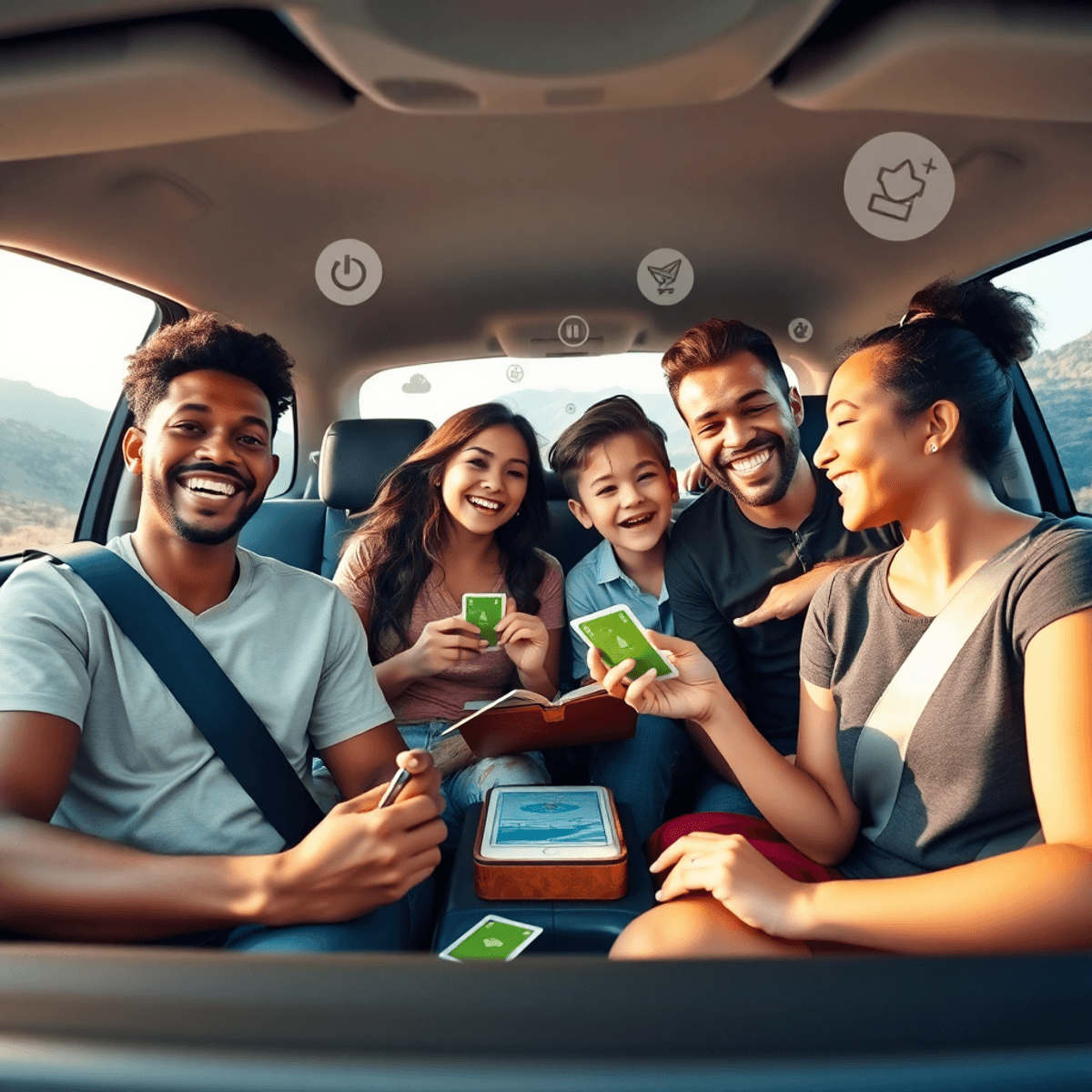 A joyful family playing travel games inside a car, surrounded by scenic views, with playful game pieces and digital icons floating around, capturin...