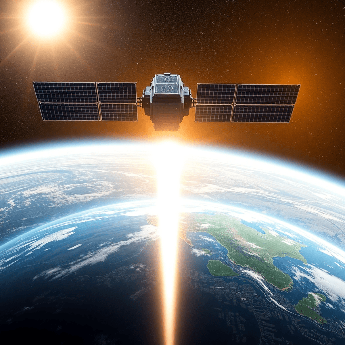 A large satellite with solar panels orbits Earth, beaming energy down to green landscapes and clean cities, symbolizing sustainable energy and a ho...