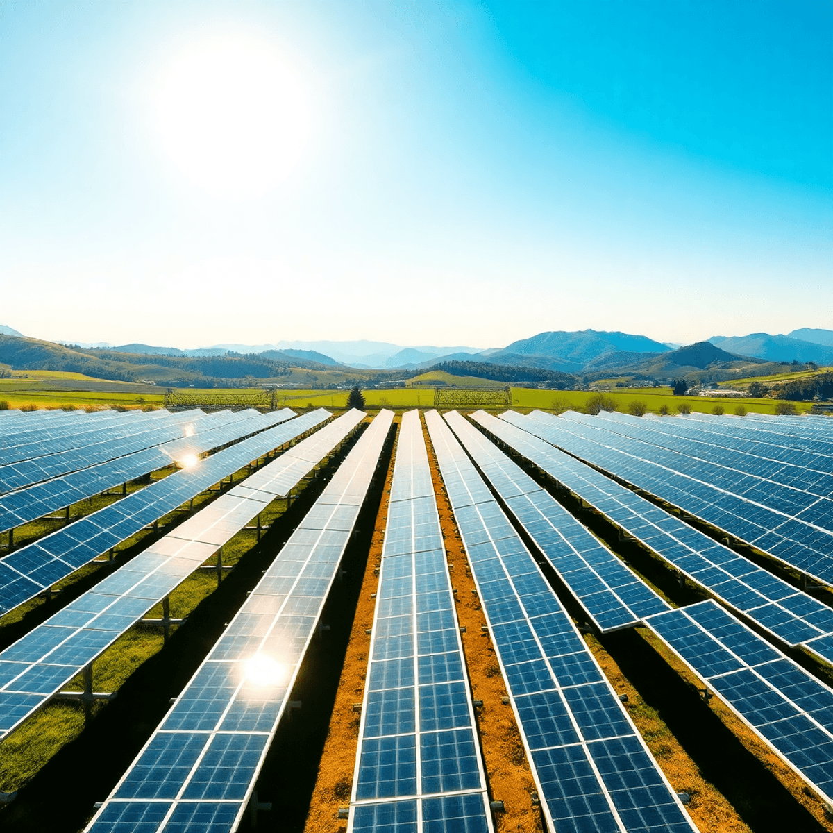A large solar power plant with rows of shiny panels under a bright blue sky, set against green hills and distant mountains in a countryside landscape.