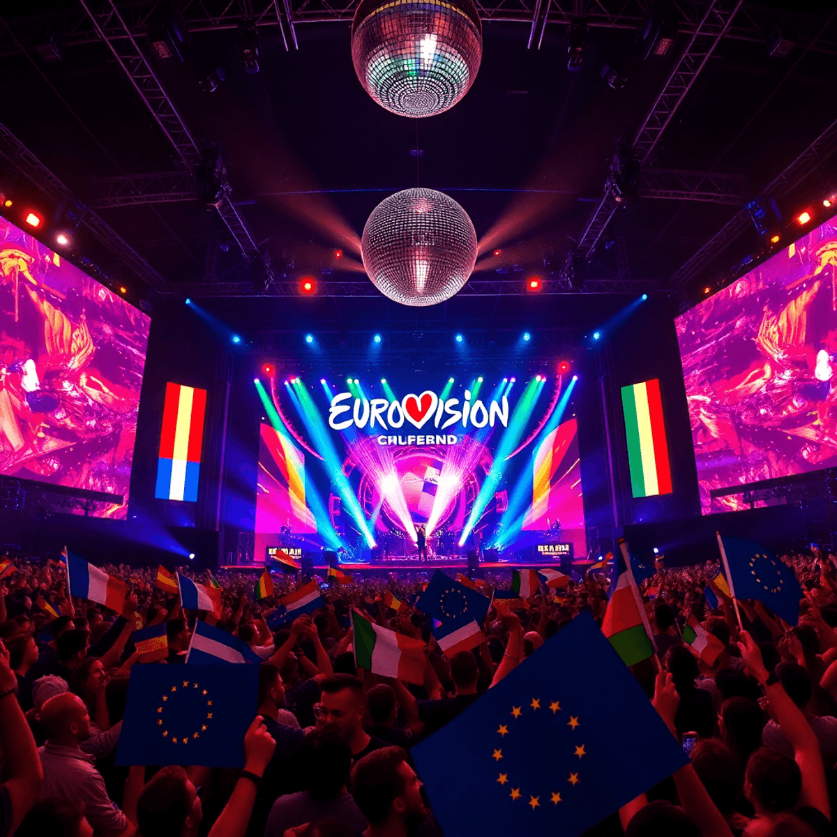 A lively concert stage with colorful lights and a disco ball, surrounded by an excited crowd waving European flags, capturing the energy of a music...