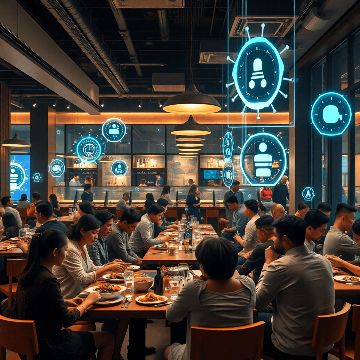 A modern restaurant with people dining, surrounded by glowing digital data streams and holographic icons, blending technology and a warm, inviting ...