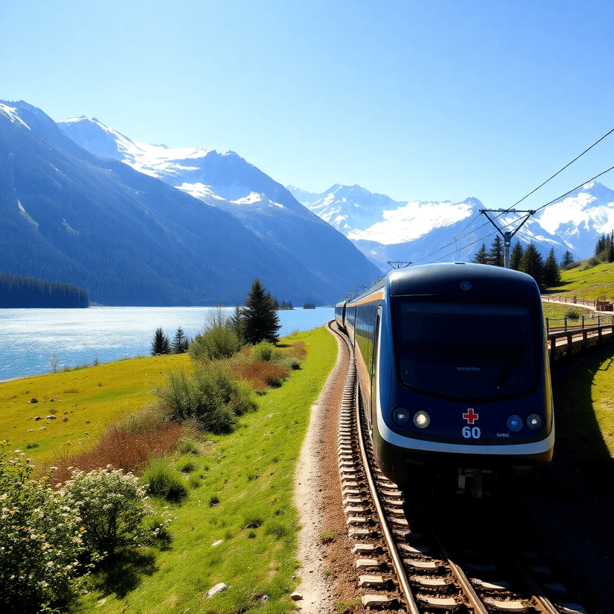 A modern train winds beside a sparkling lake with snow-capped mountains under a clear blue sky in a scenic alpine landscape.