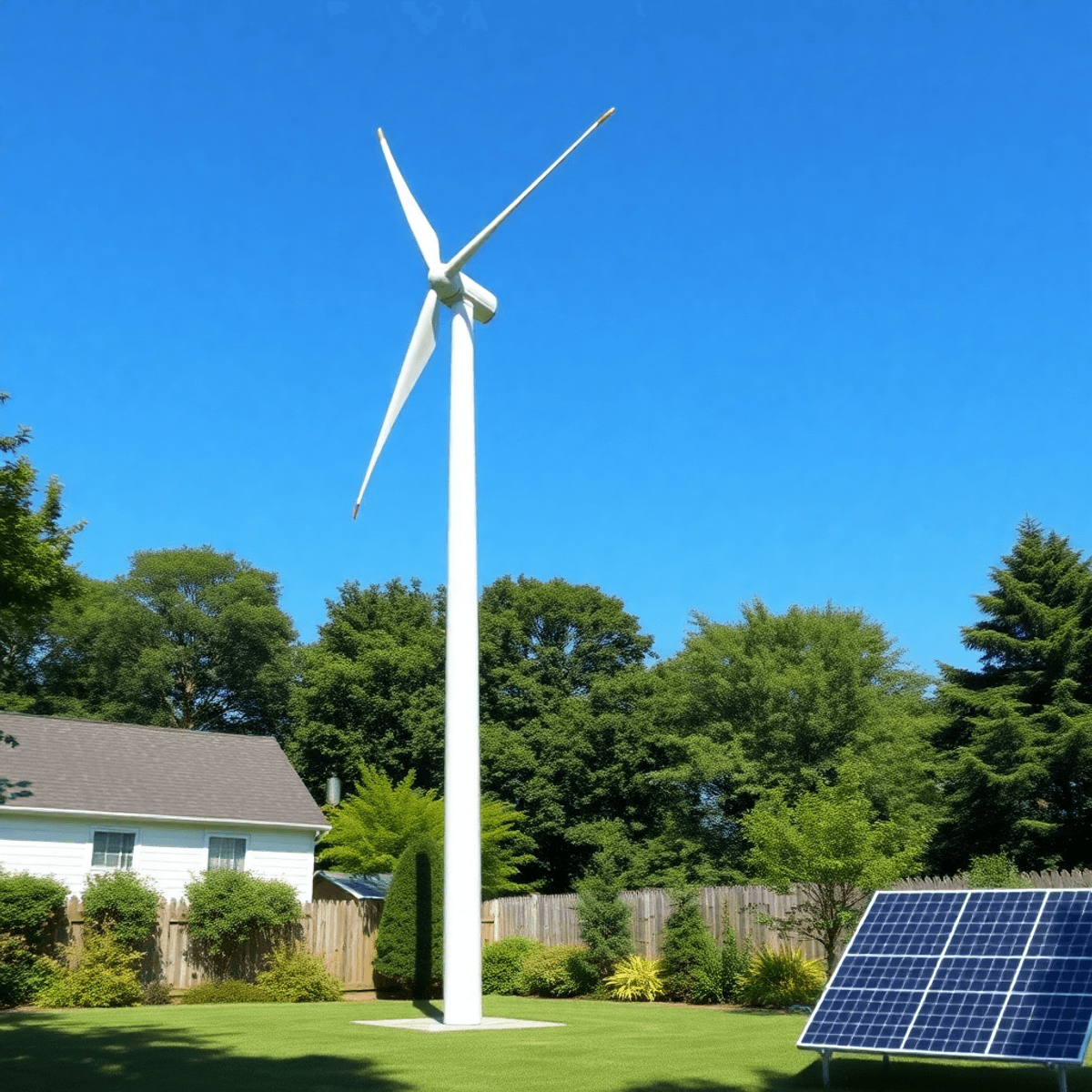 A modern wind turbine in a green backyard with lush trees, clear blue sky, and a solar panel nearby, representing clean renewable home energy.