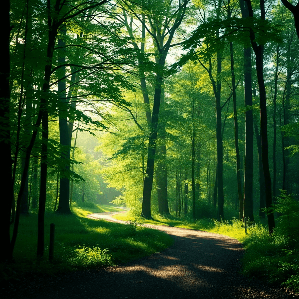 A peaceful forest with lush green trees and a winding walking path bathed in soft natural light, evoking tranquility and digital disconnection.