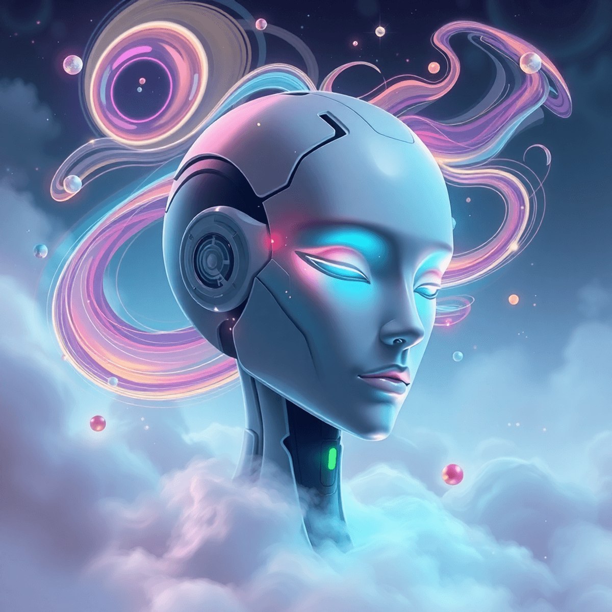 A realistic futuristic robot head with closed eyes, surrounded by swirling abstract shapes and vibrant colors on a soft, ethereal background.