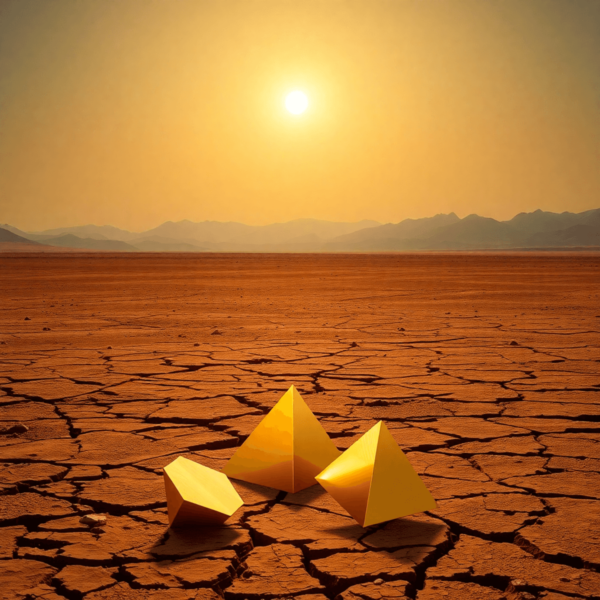 A vast desert with cracked earth under a rising sun, abstract golden and metallic geometric shapes in the foreground symbolize minerals and economi...