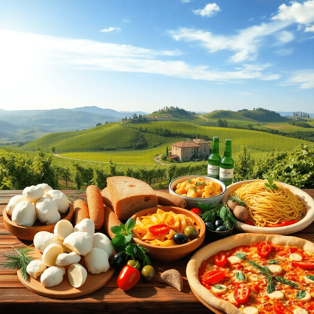 A vibrant collage of Italian foods on a rustic table with truffles, focaccia, pasta, pizza, olives, herbs, and sunlit rolling hills in the background.