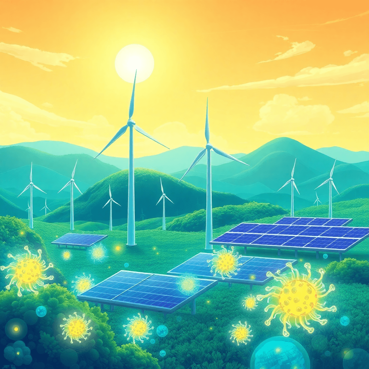 A vibrant futuristic landscape with wind turbines, solar panels, and glowing abstract microorganisms symbolizing biomining under a bright sky.