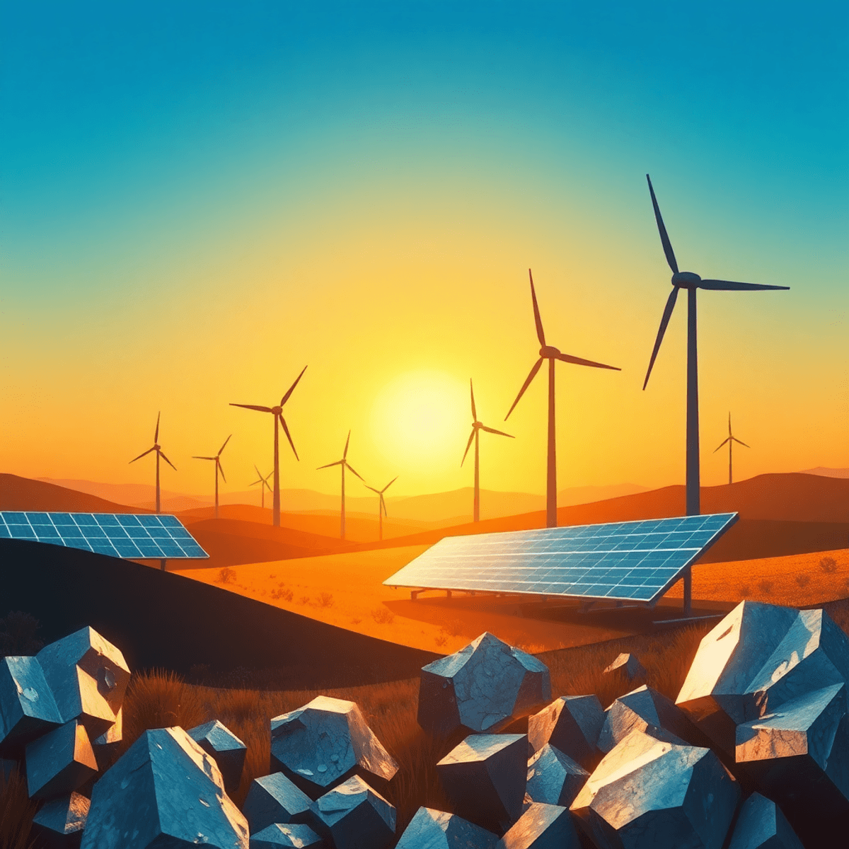 A vibrant sunrise over stylized wind turbines and solar panels with abstract metallic mineral shapes in the foreground, symbolizing clean energy an...