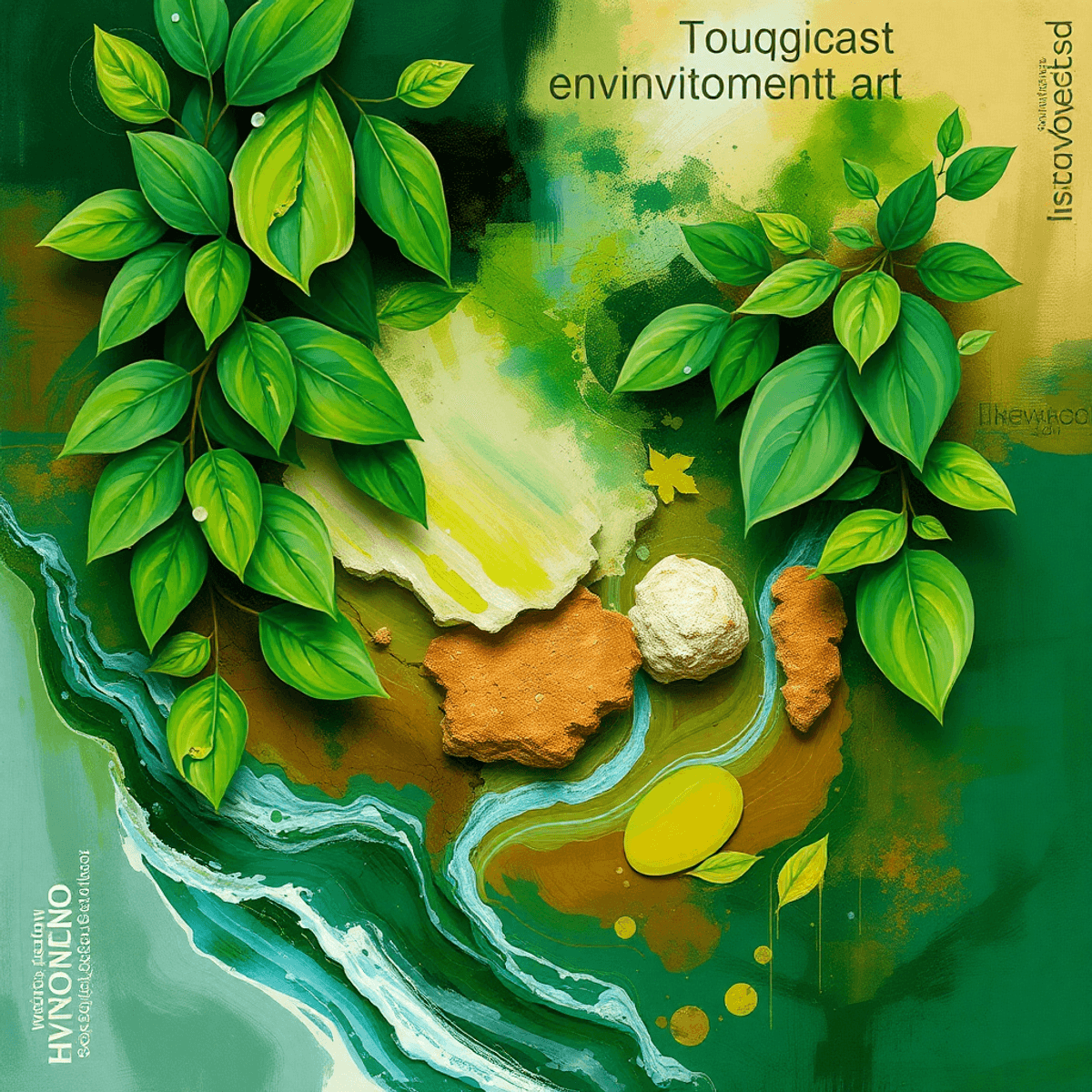 Abstract artwork blending lush green leaves, flowing water, and earthy tones with dynamic brushstrokes, symbolizing harmony between creativity and ...