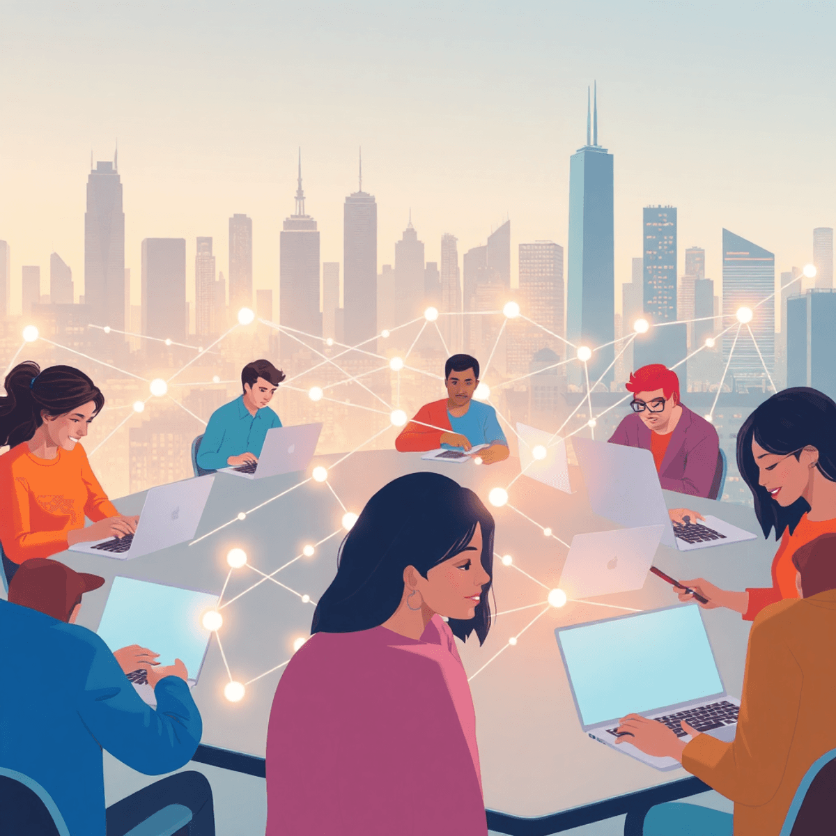 Abstract digital illustration of freelancers using laptops and mobiles, linked by glowing network lines against a futuristic city skyline.