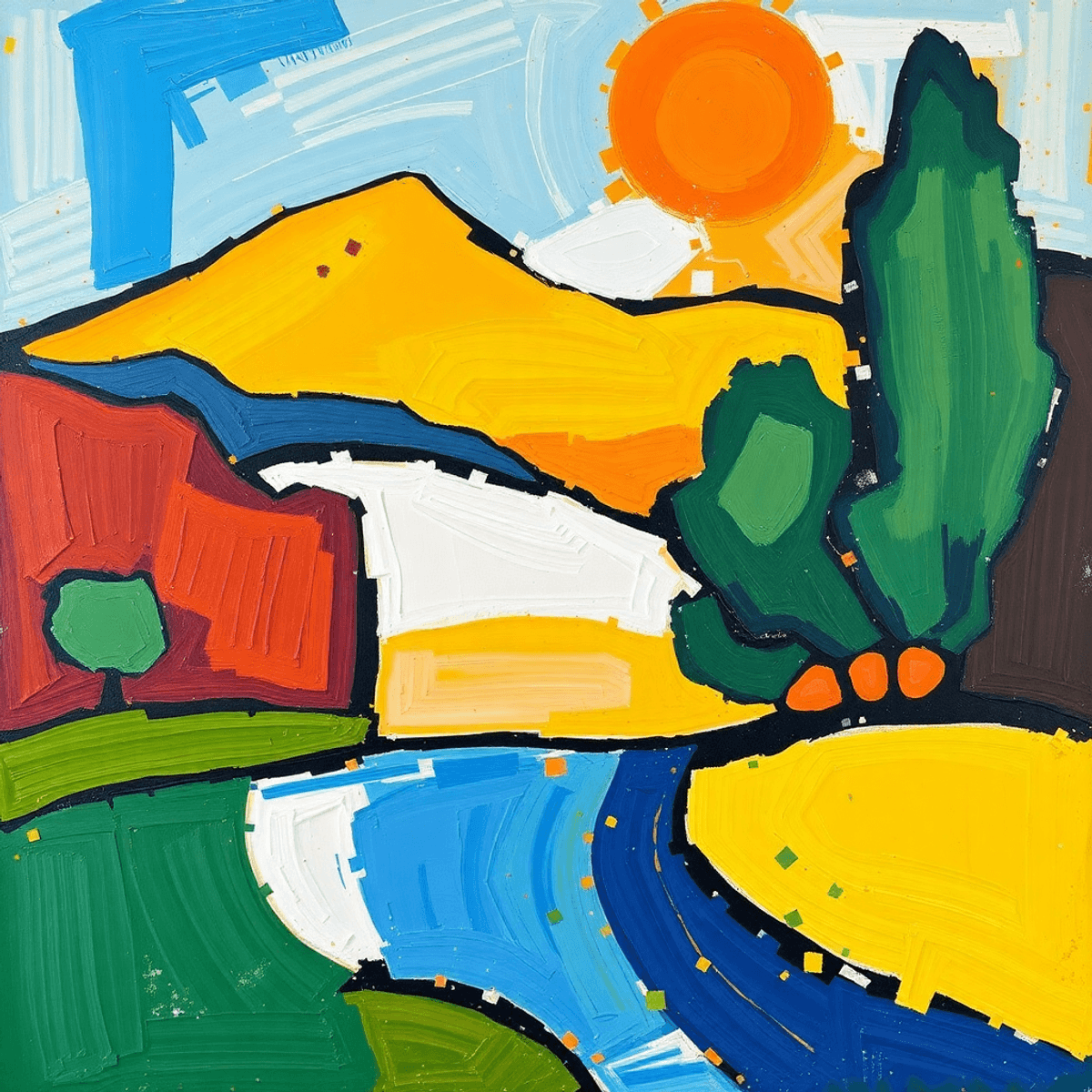 Abstract landscape with geometric shapes and bold brushstrokes in warm tones, blending Impressionism and early Cubism influences.