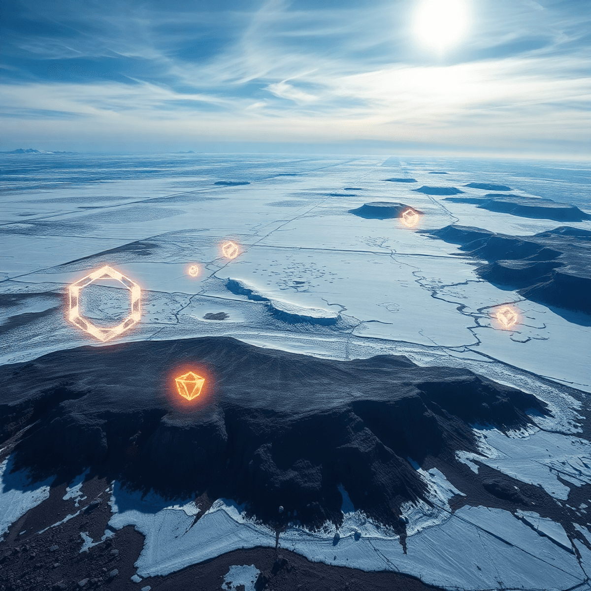Aerial view of Greenland's icy landscape with rocky terrain, glowing geometric shapes symbolizing minerals and sustainable energy under a bright sky.