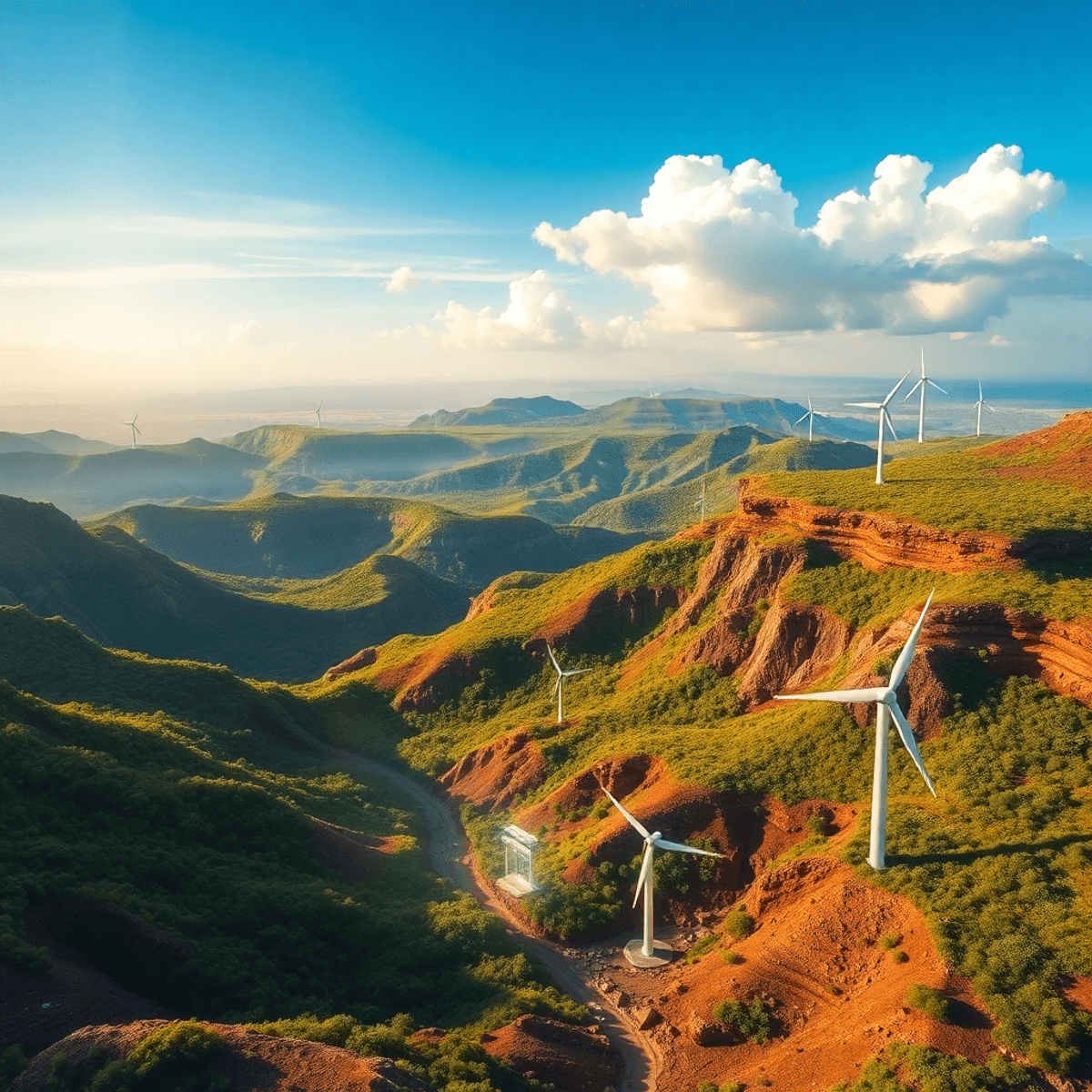 Aerial view of a lush landscape with glowing mineral crystals, stylized wind turbines, and solar panels under a bright sky.