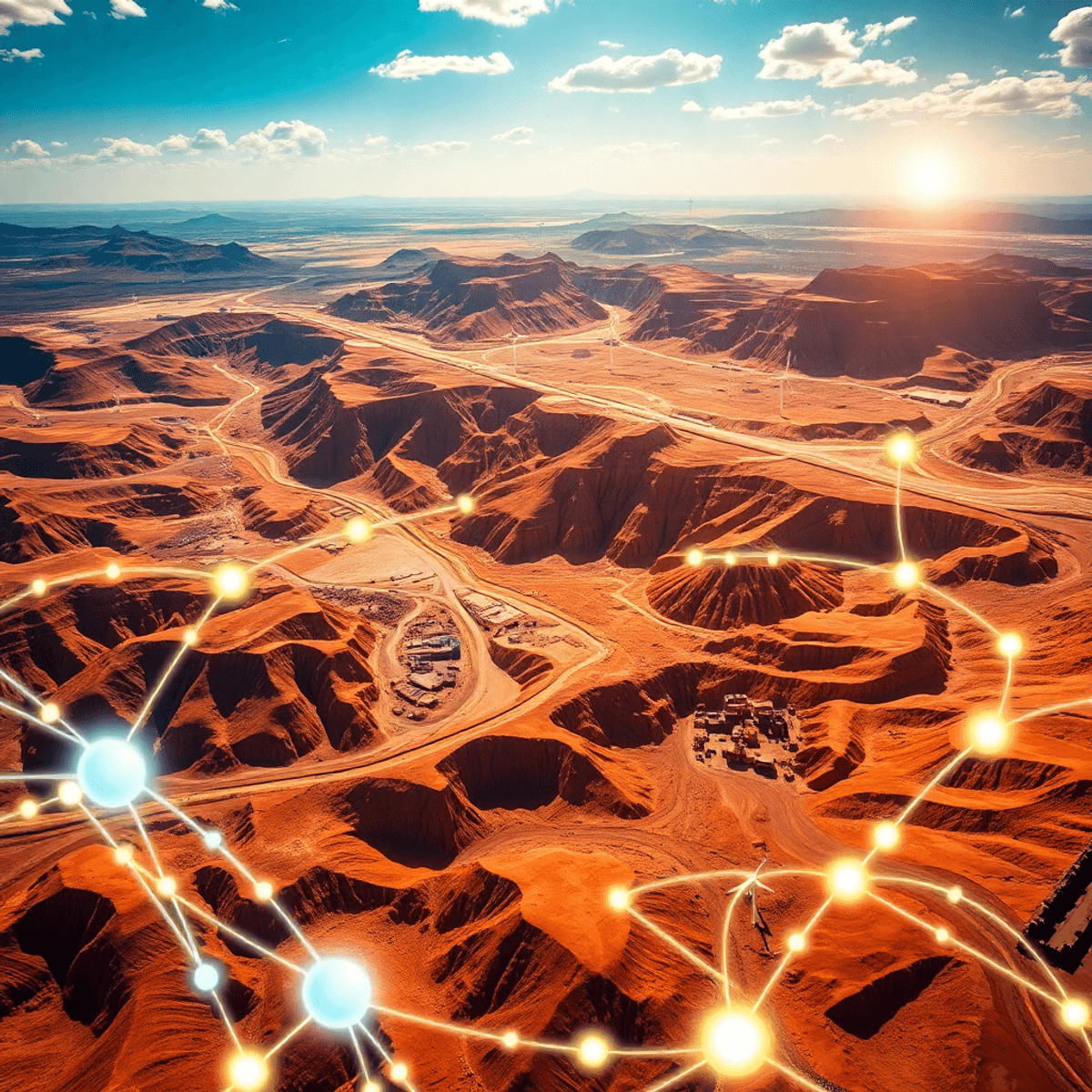 Aerial view of a mining landscape with glowing lines, icons, wind turbines, and solar panels under a bright sky symbolizing global energy and econo...