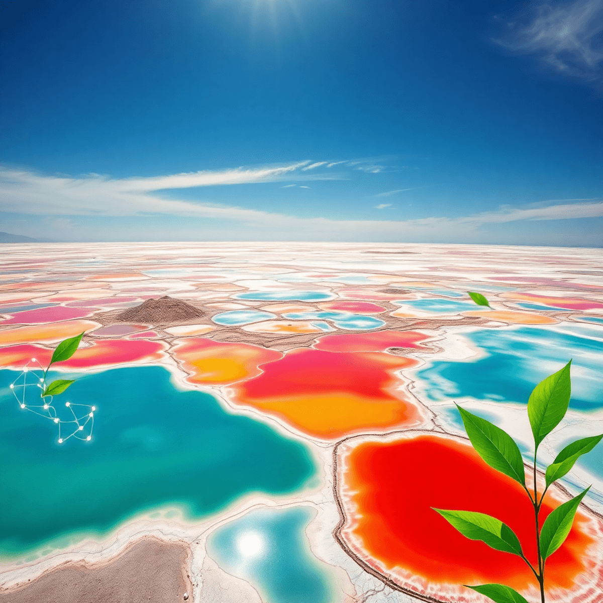 Aerial view of colorful salt flats and evaporation ponds with glowing energy flows and green leaves symbolizing technology and sustainability.