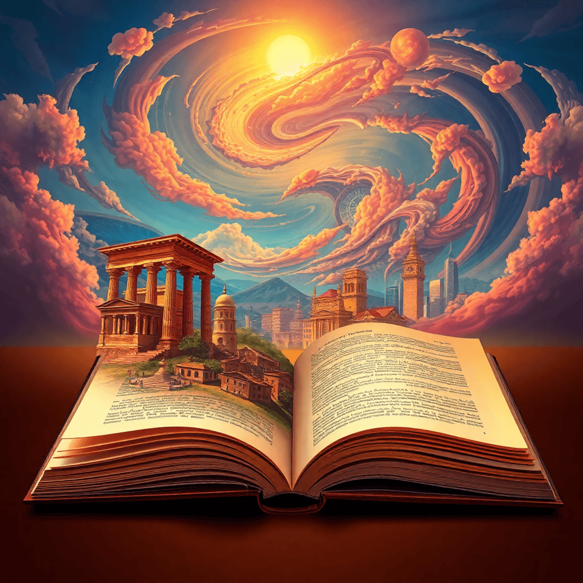 An open book with pages turning into a vibrant landscape of ancient ruins, historic buildings, and a modern city skyline under a warm glowing sky.