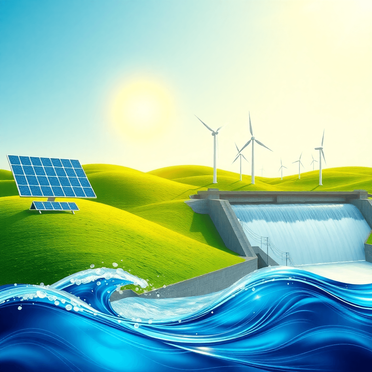 Bright sun over solar panels, wind turbines on green hills, hydroelectric dam with flowing water, and blue waves symbolizing marine energy under a ...