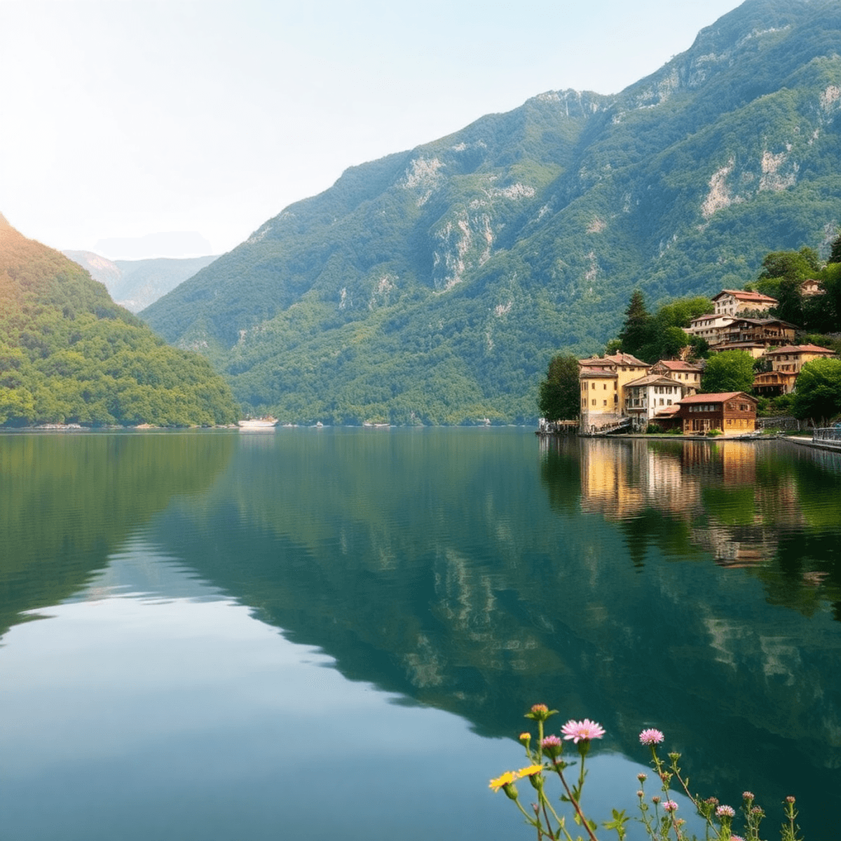 Calm Lake Como with mirror-like water reflecting green mountains, rustic village houses, forest trails, and wildflowers under warm sunlight.