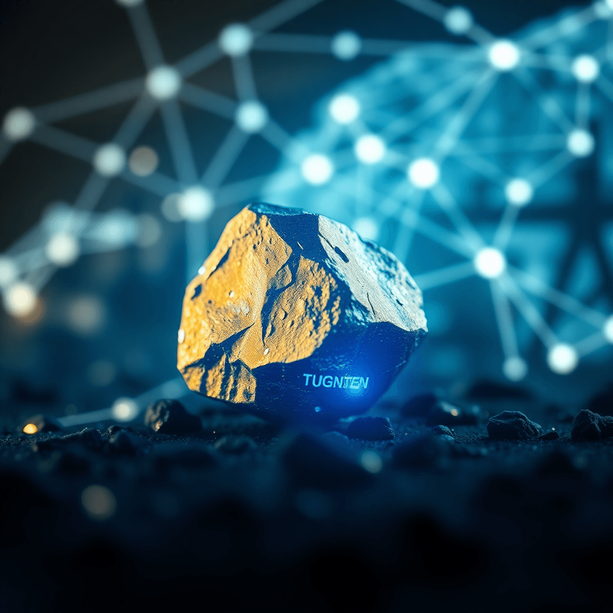 Close-up of a glowing blue tungsten nugget with abstract glowing lines and industrial silhouettes in the background, symbolizing technology and glo...