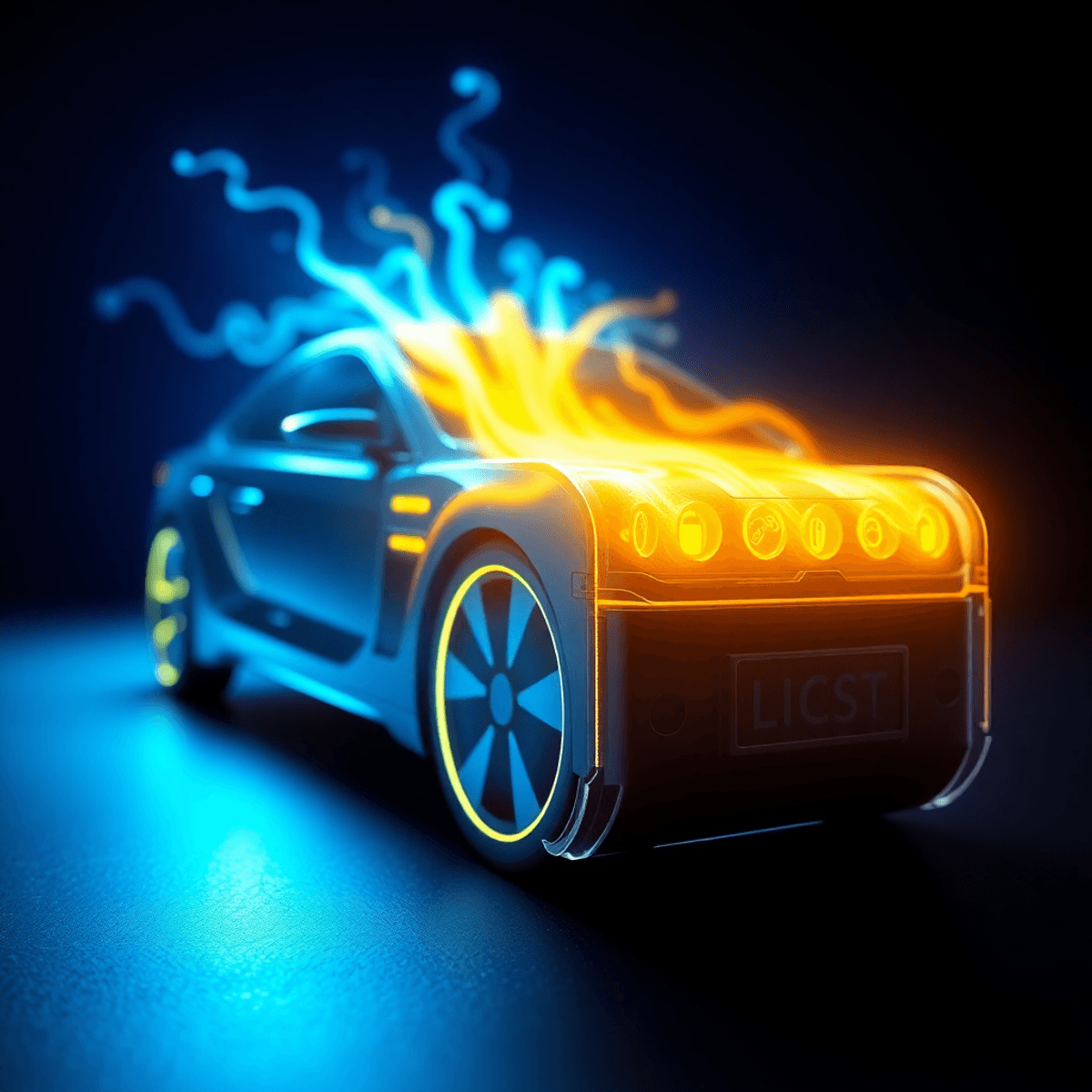 Close-up of a glowing lithium-sulfur battery cell with blue and yellow energy flows, set against a sleek electric vehicle silhouette, symbolizing c...