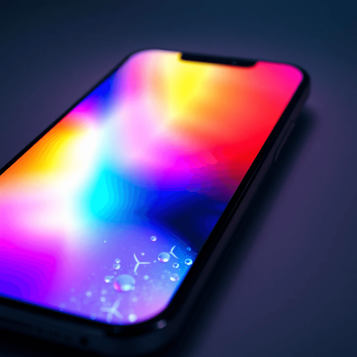 Close-up of a glowing smartphone screen with shimmering silver-blue metallic textures and blurred solar panels and wind turbines in the background.