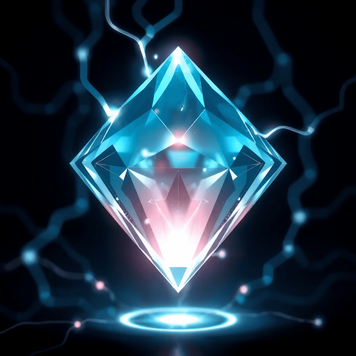 Close-up of a glowing, translucent diamond with electric currents flowing through it against a dark, futuristic background.