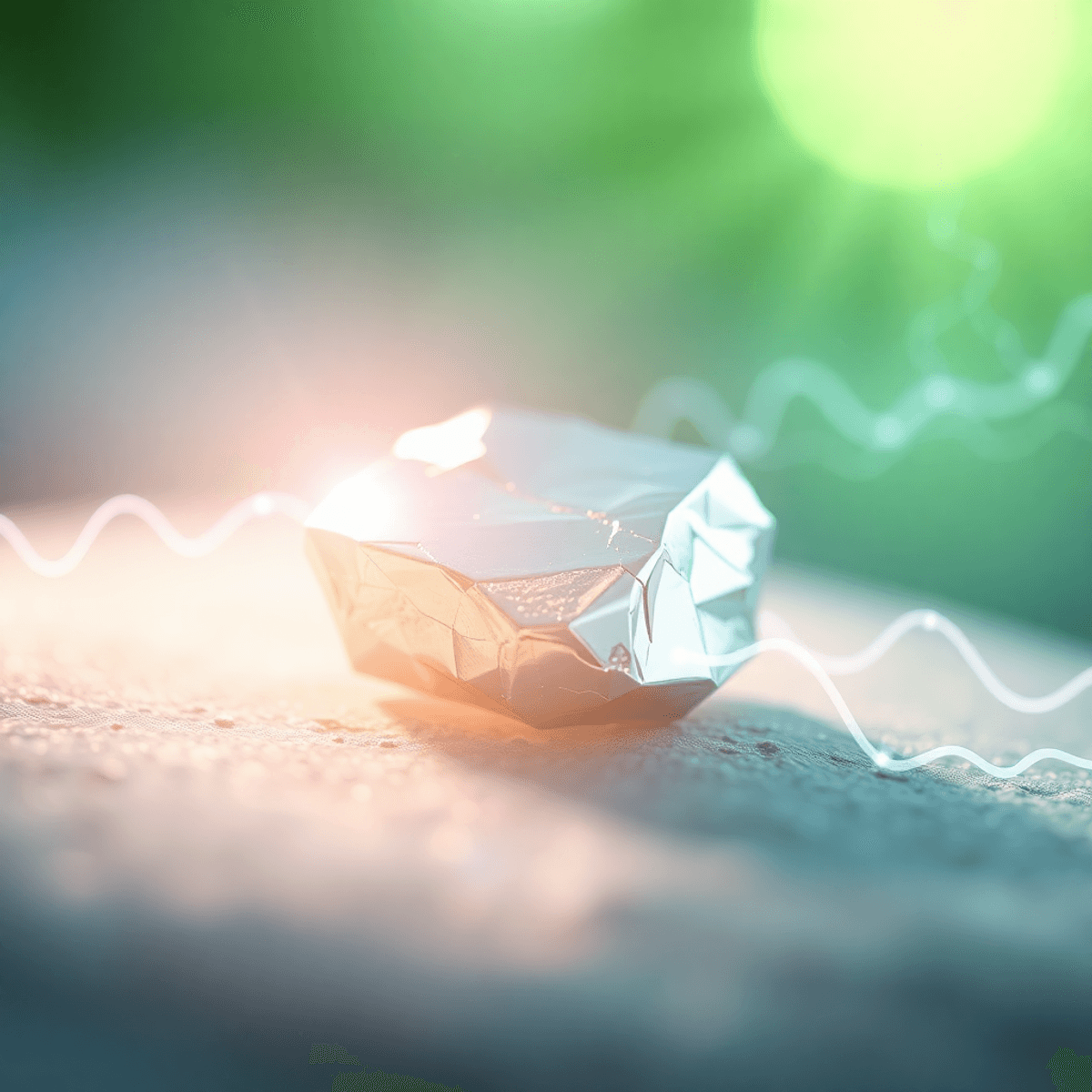 Close-up of a shiny silver niobium nugget glowing under bright light with abstract energy flows and green-blue background symbolizing sustainable e...