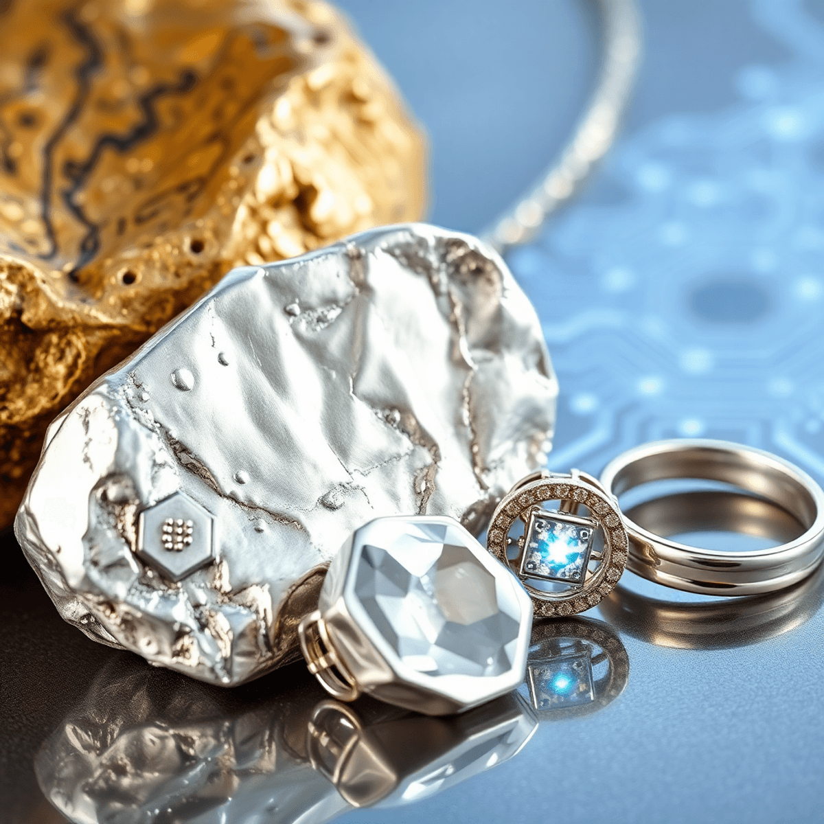 Close-up of a shiny silver nugget and polished silver jewelry with glowing circuit patterns on a gradient background blending ancient textures and ...