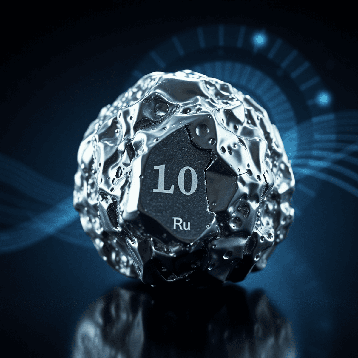 Close-up of a shiny silvery-white metal nugget with glowing energy waves and solar panel patterns on a dark background, symbolizing advanced techno...