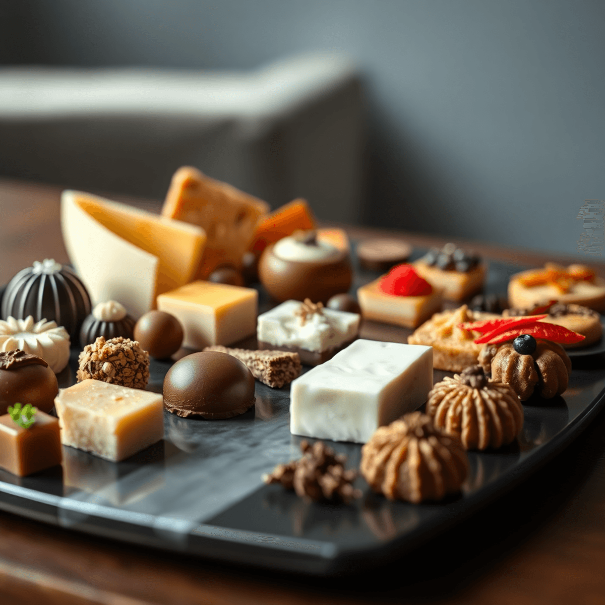 Close-up of an elegant platter with bite-sized gourmet chocolates, artisanal cheeses, and spice-infused treats, softly lit to highlight rich textur...