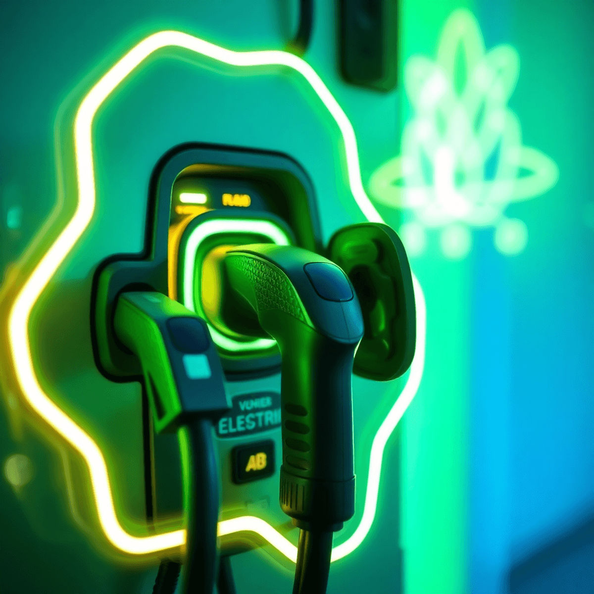 Close-up of electric vehicle charging cables and connectors with glowing abstract energy shapes on a clean, modern green and blue background.
