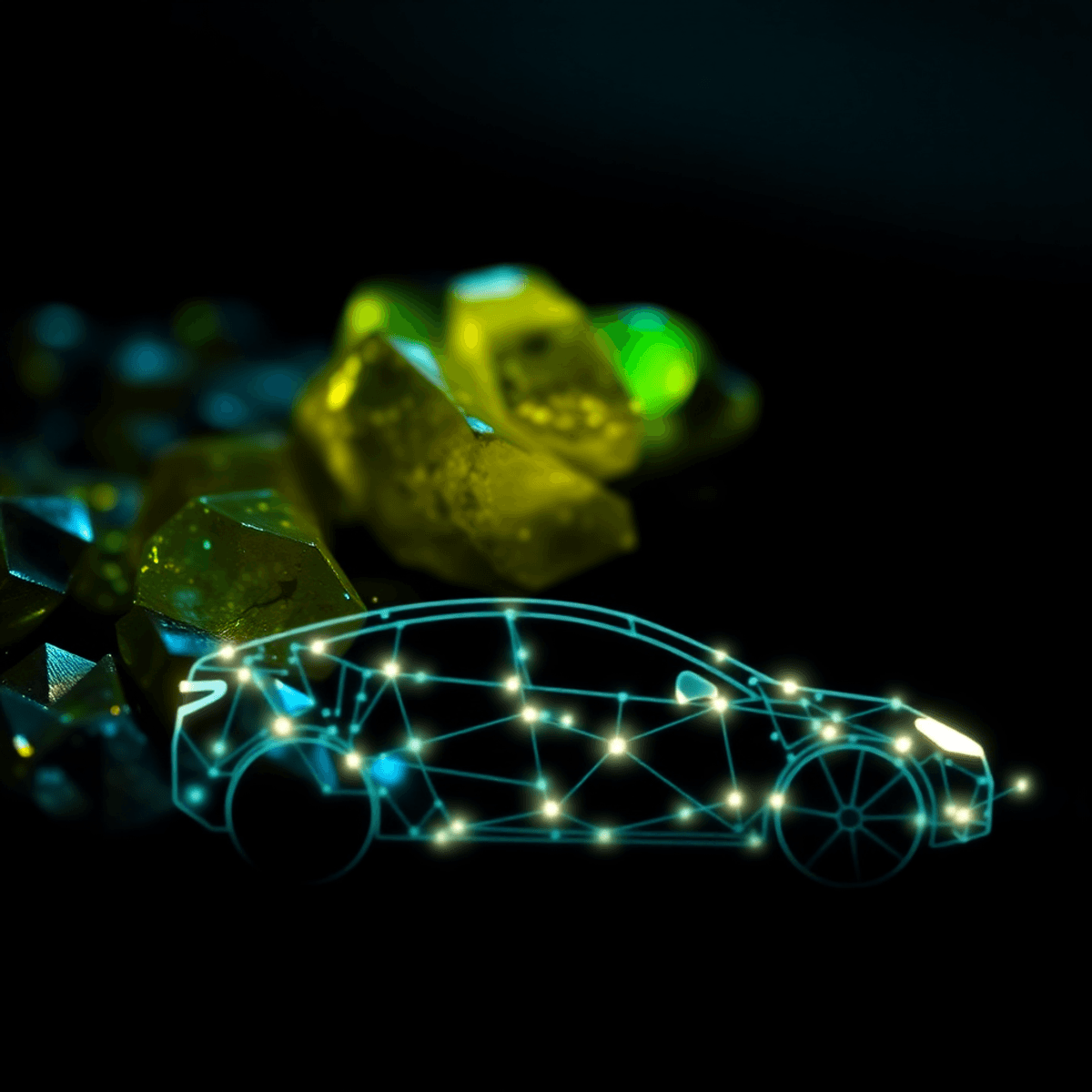 Close-up of glowing rare earth minerals with green and blue hues beside a glowing electric vehicle silhouette made of interconnected lines on a dar...