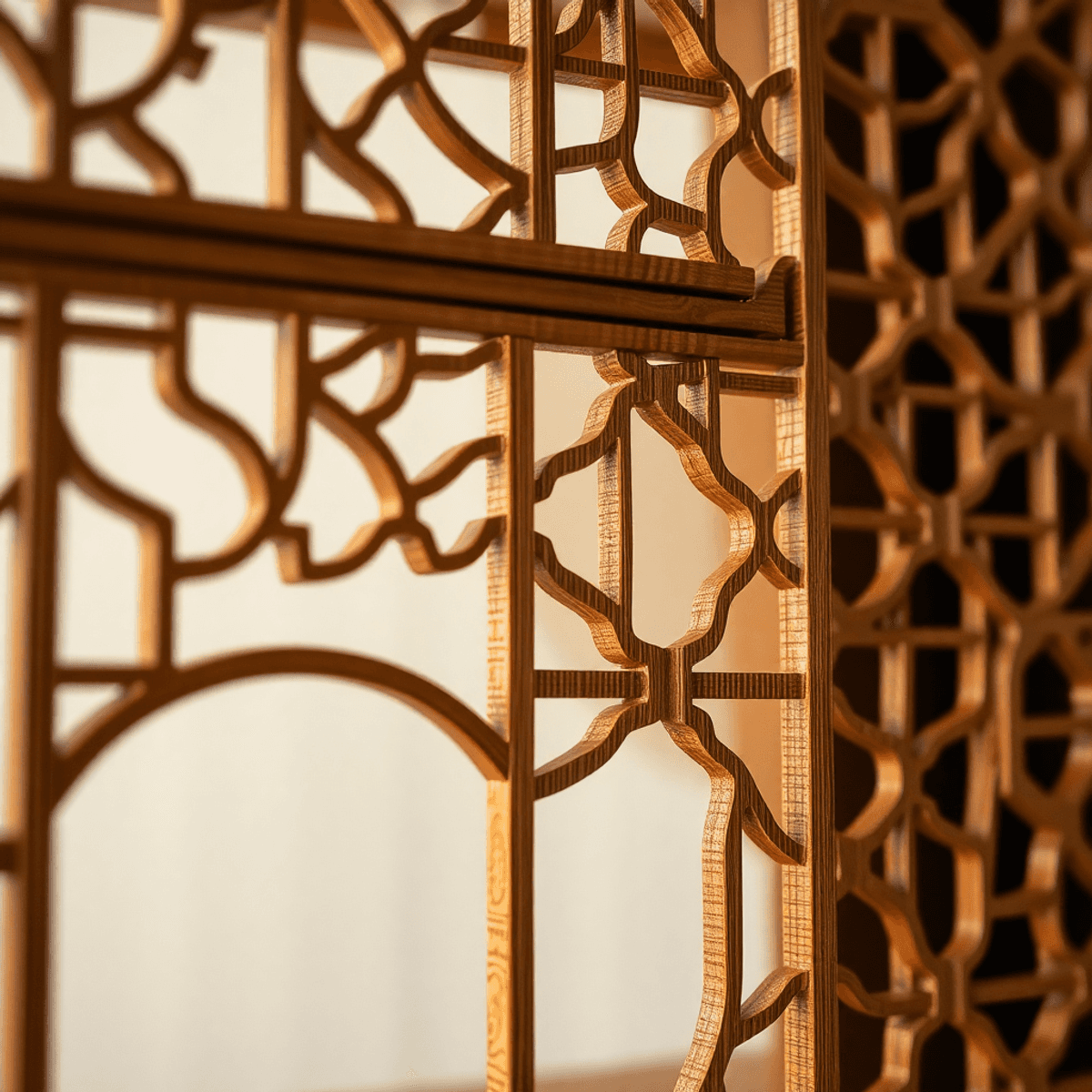 Close-up of intricate Japanese Kumiko woodwork with delicate geometric lattice patterns made from thin wooden slivers, highlighting traditional joi...
