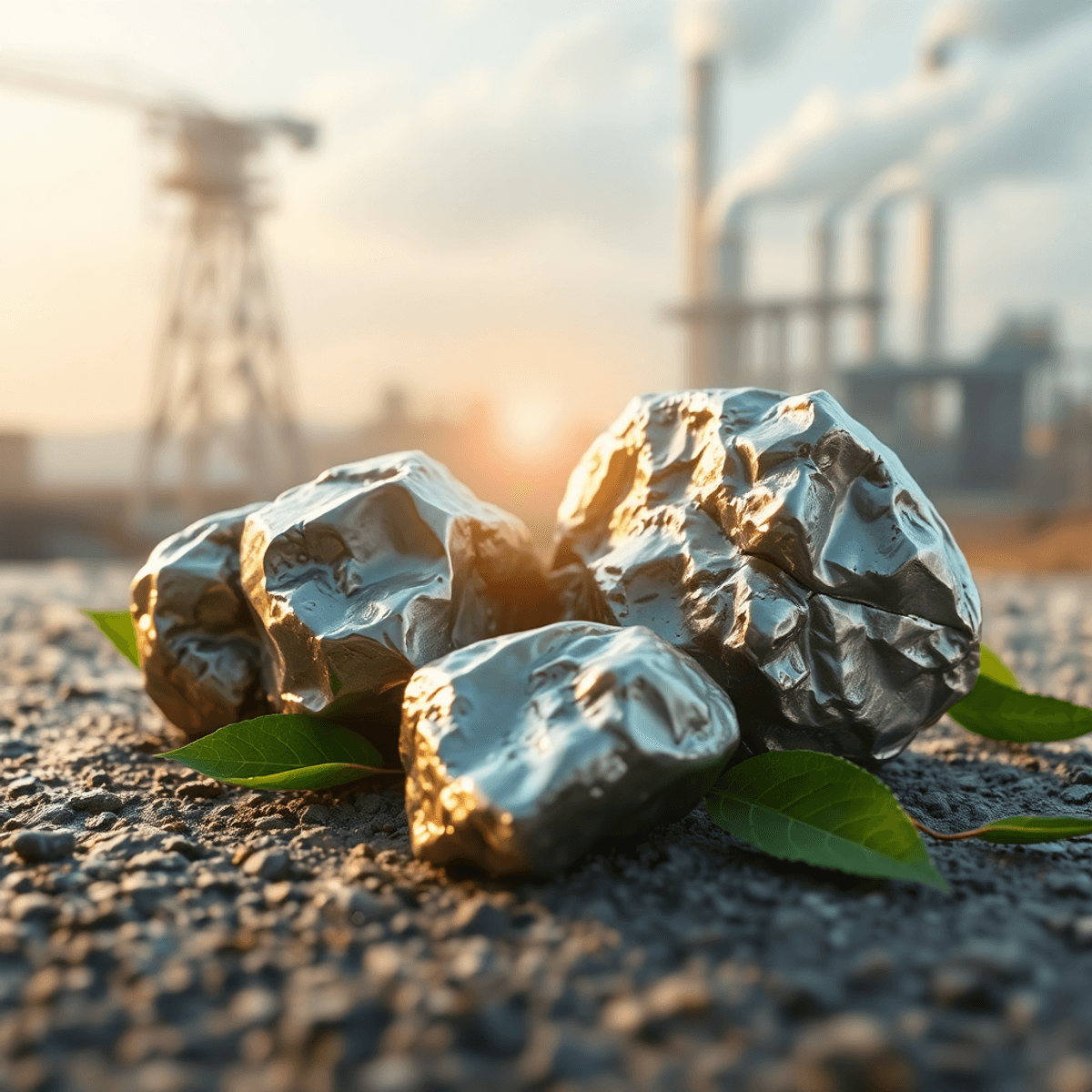 Close-up of shiny chromium and zinc ores on textured surface, surrounded by glowing energy waves and green leaves, with a blurred industrial backgr...
