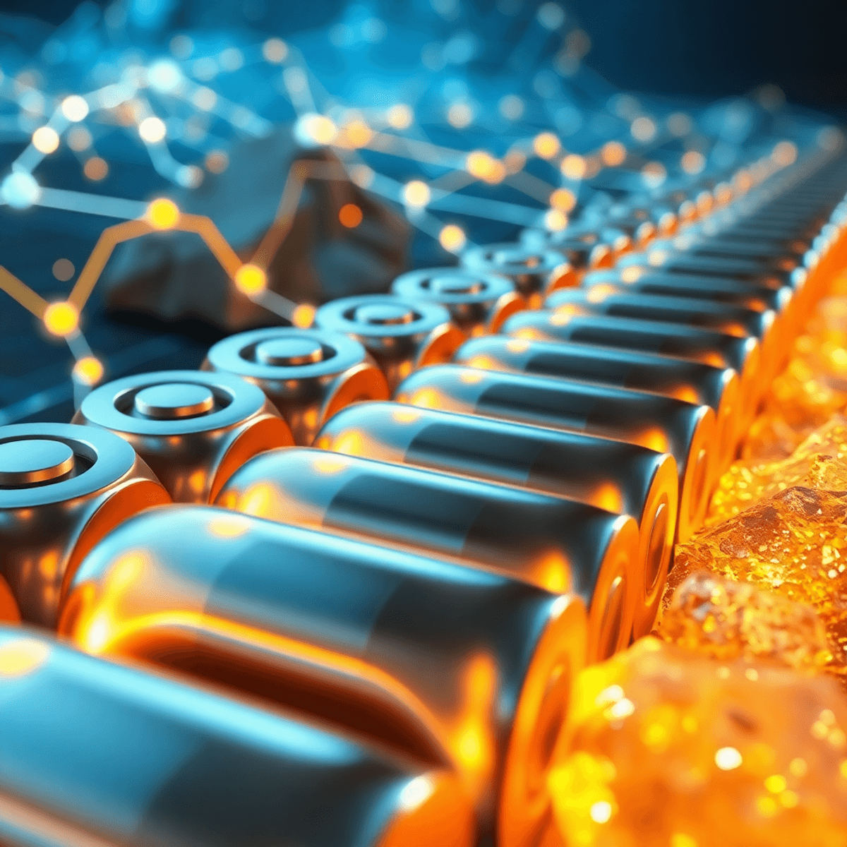 Close-up of shiny lithium-ion battery cells with glowing mineral elements and a futuristic energy grid background symbolizing clean energy innovation.