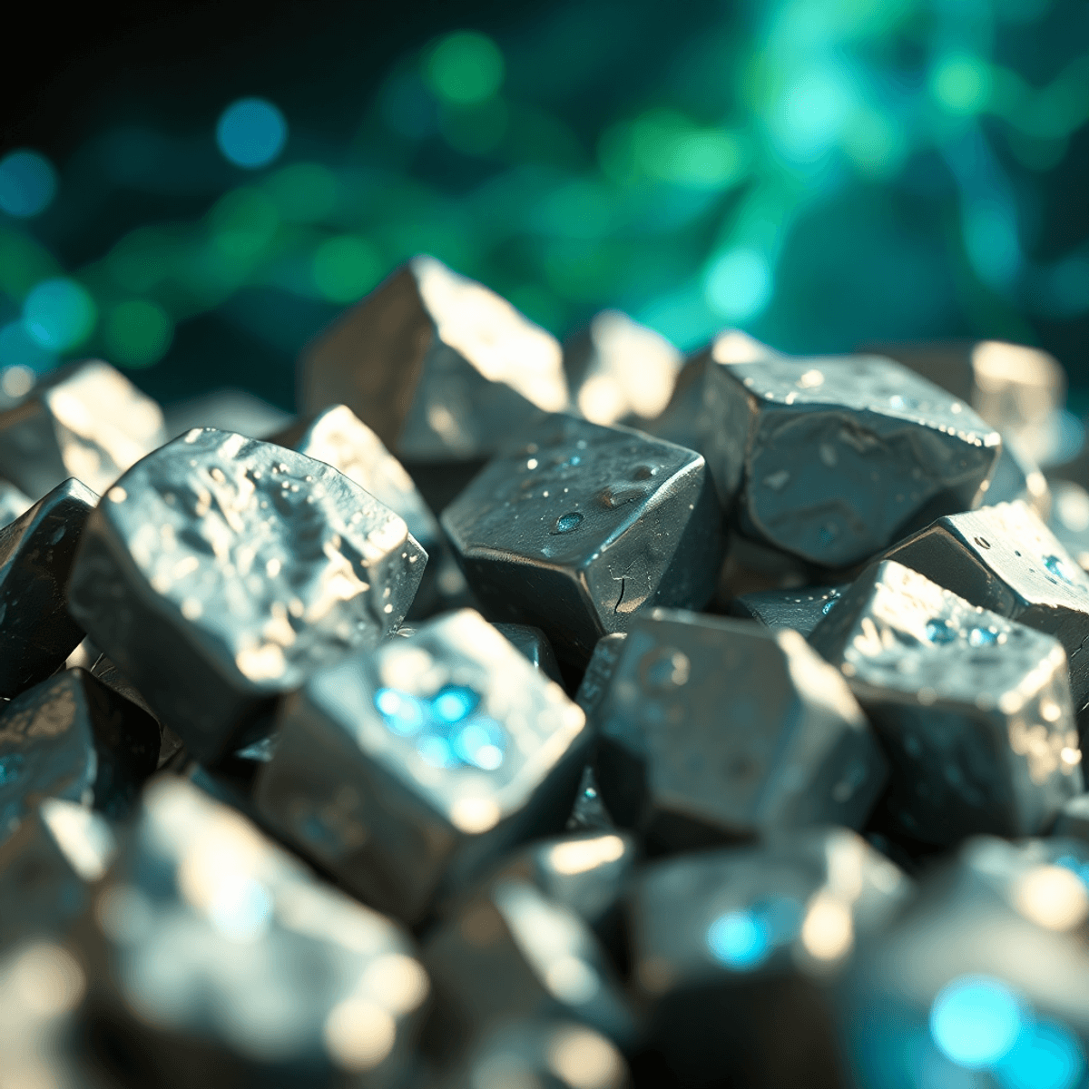 Close-up of shiny lithium metal chunks glowing blue against an abstract background with green hues symbolizing energy and sustainability.