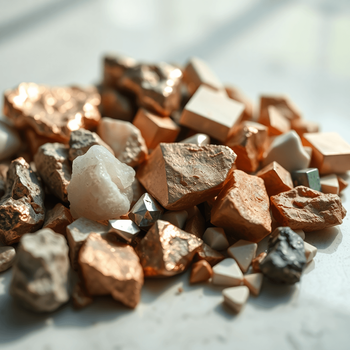 Close-up of shiny recycled minerals and metals like copper and lithium on a clean surface, highlighted by soft natural light, symbolizing sustainab...