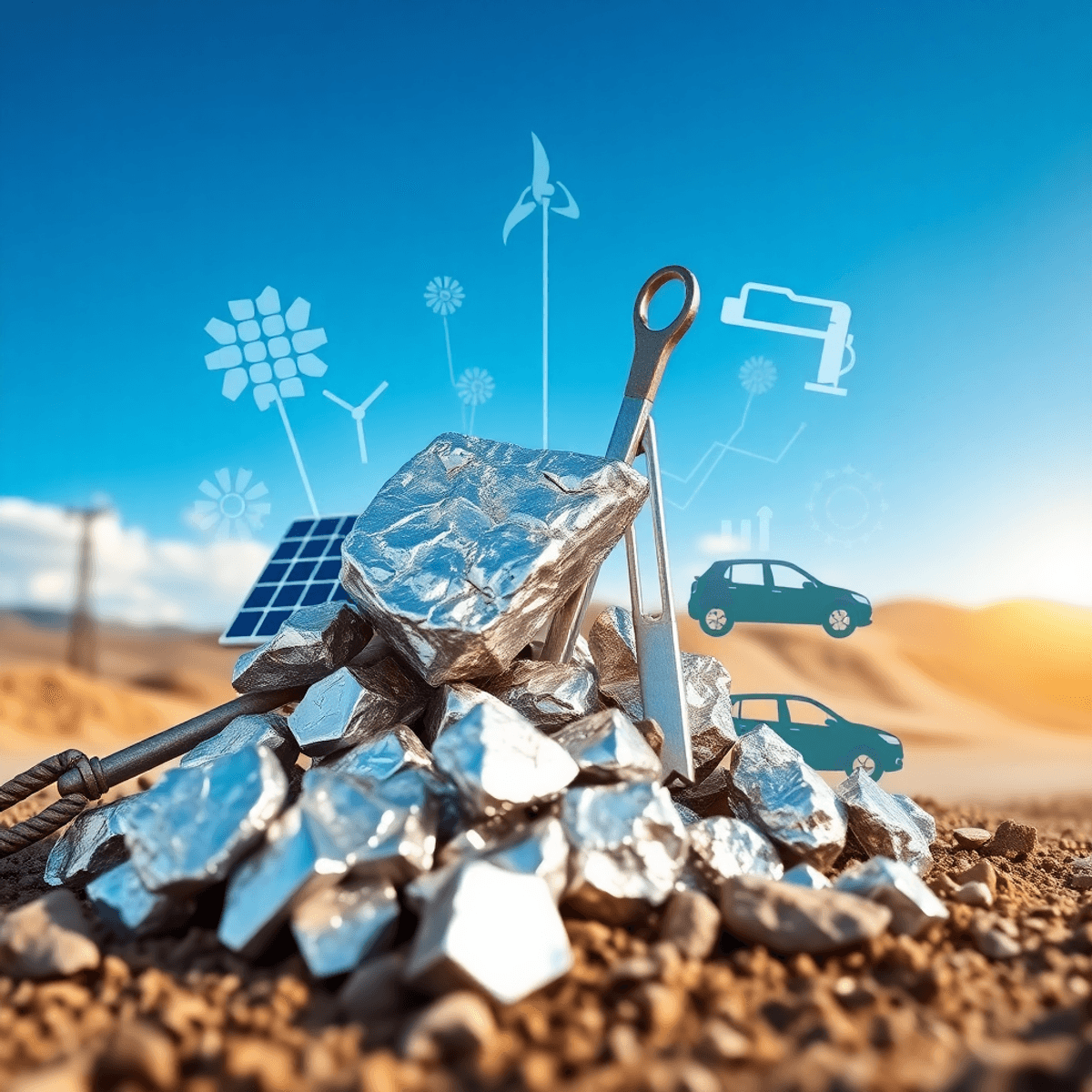 Close-up of shiny silver nuggets and tools with abstract solar panels and electric vehicle shapes at a modern mining site under a bright sky.