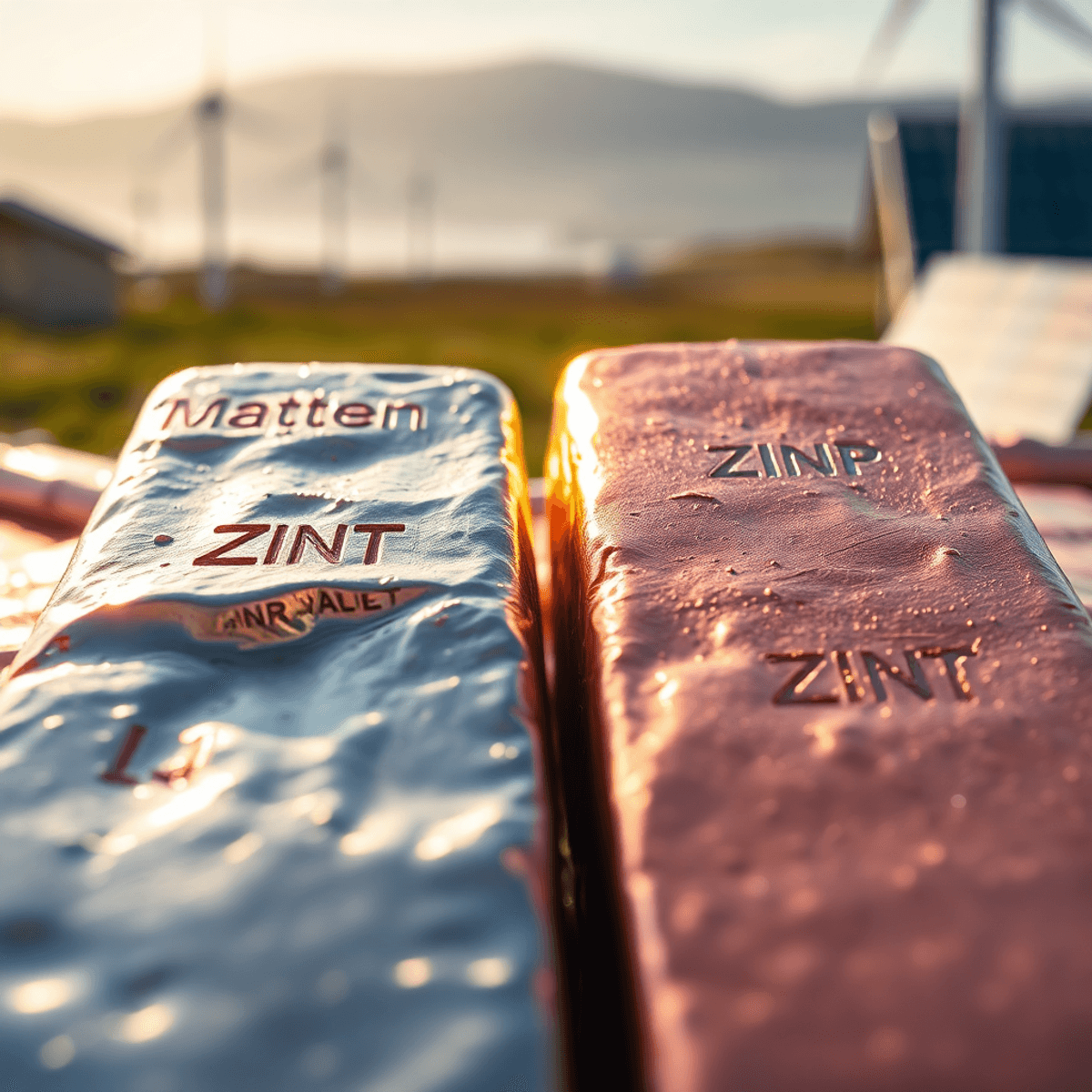 Close-up of shiny zinc and copper ingots glowing softly, with blurred wind turbines and solar panels in the background symbolizing renewable energy.