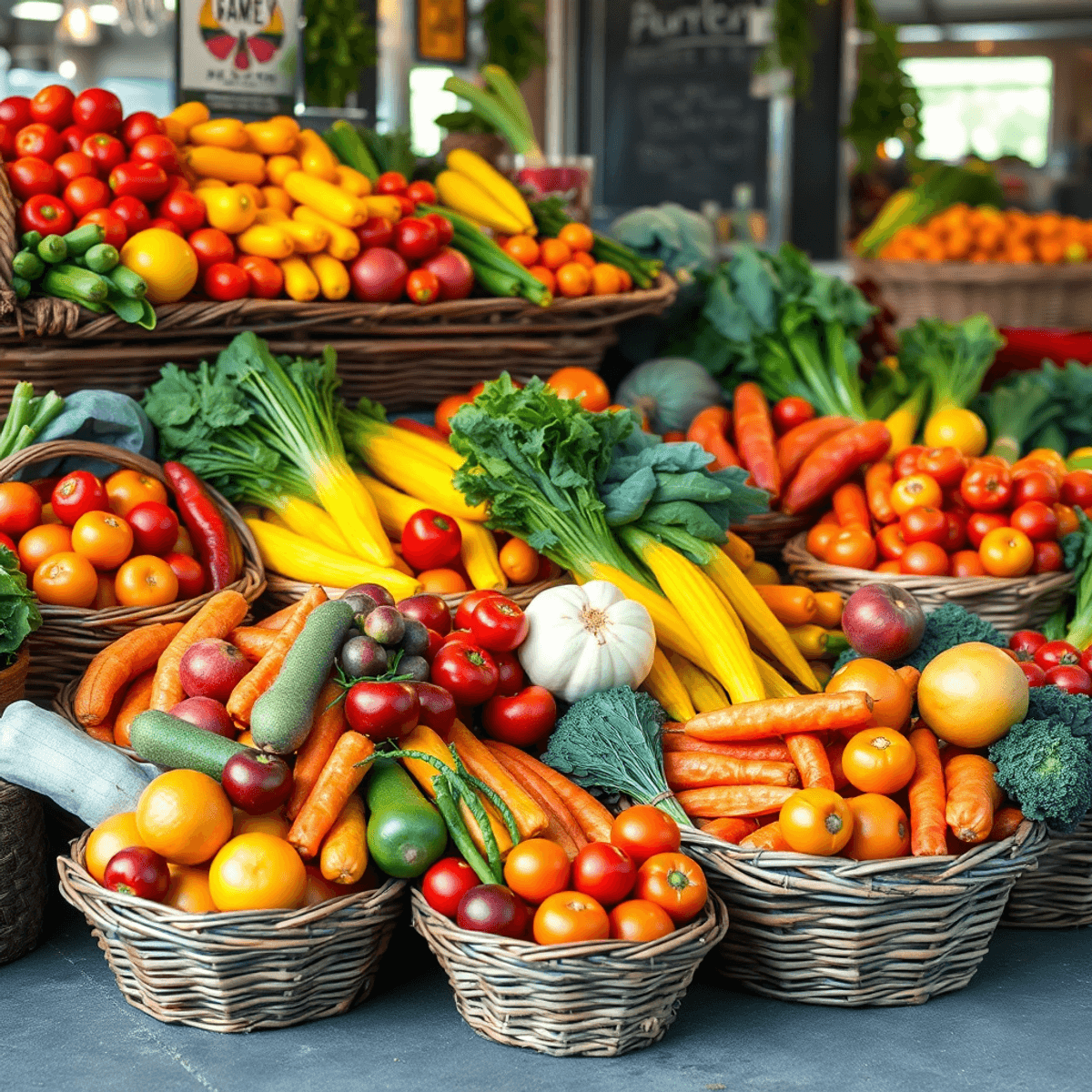 Colorful seasonal fruits and vegetables in rustic baskets at a sunlit farmer’s market, showcasing fresh, eco-friendly produce.