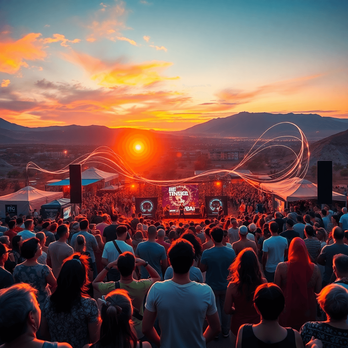 Crowd enjoying a vibrant outdoor music festival at sunset with glowing orbs, light trails, desert and cityscape background.