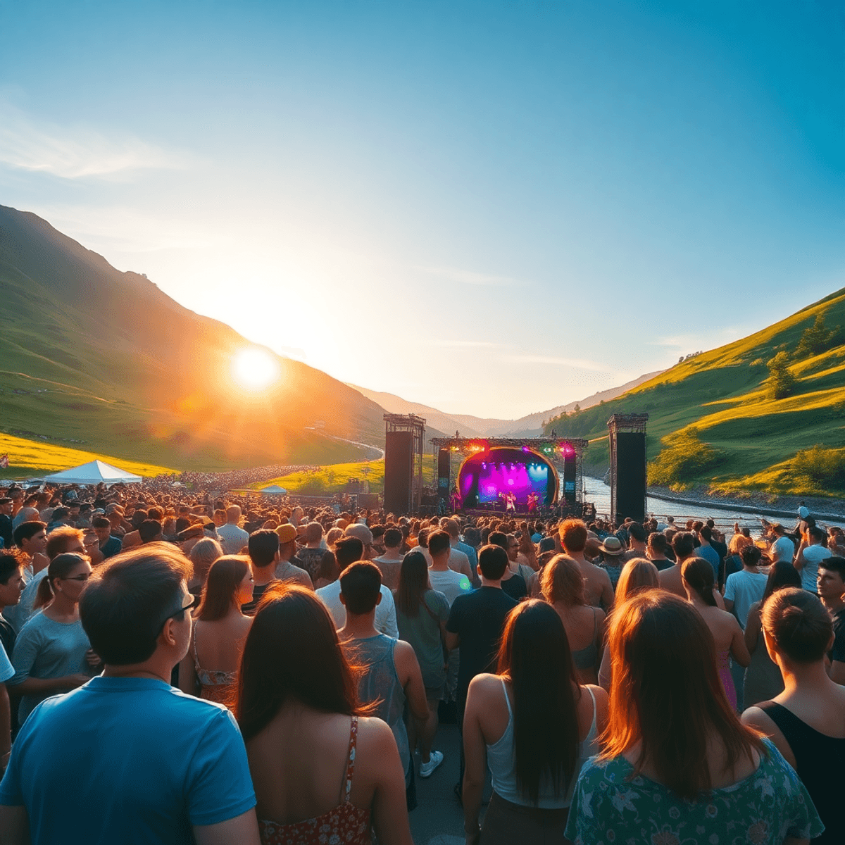 Crowd enjoying live music at a vibrant outdoor festival in green hills by a river, under a clear blue sky with colorful stage lights during golden ...